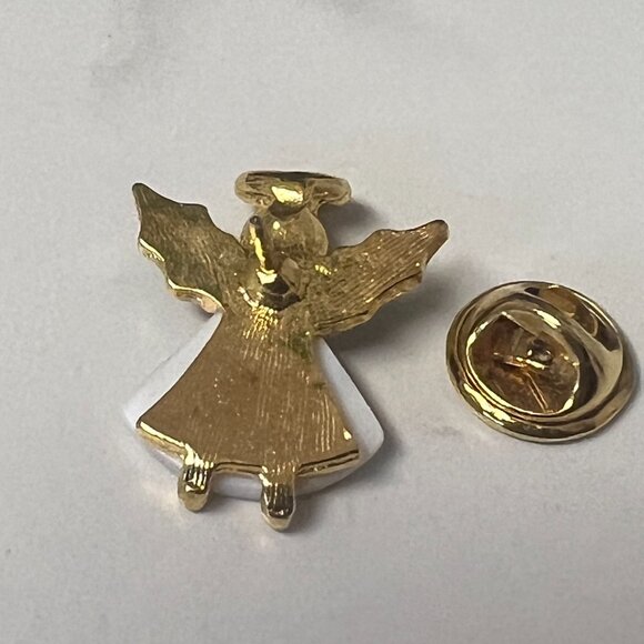 Vintage White Shell Gold Tone Angel Rhinestone Small Pin Brooch Birthstone - Picture 5 of 9